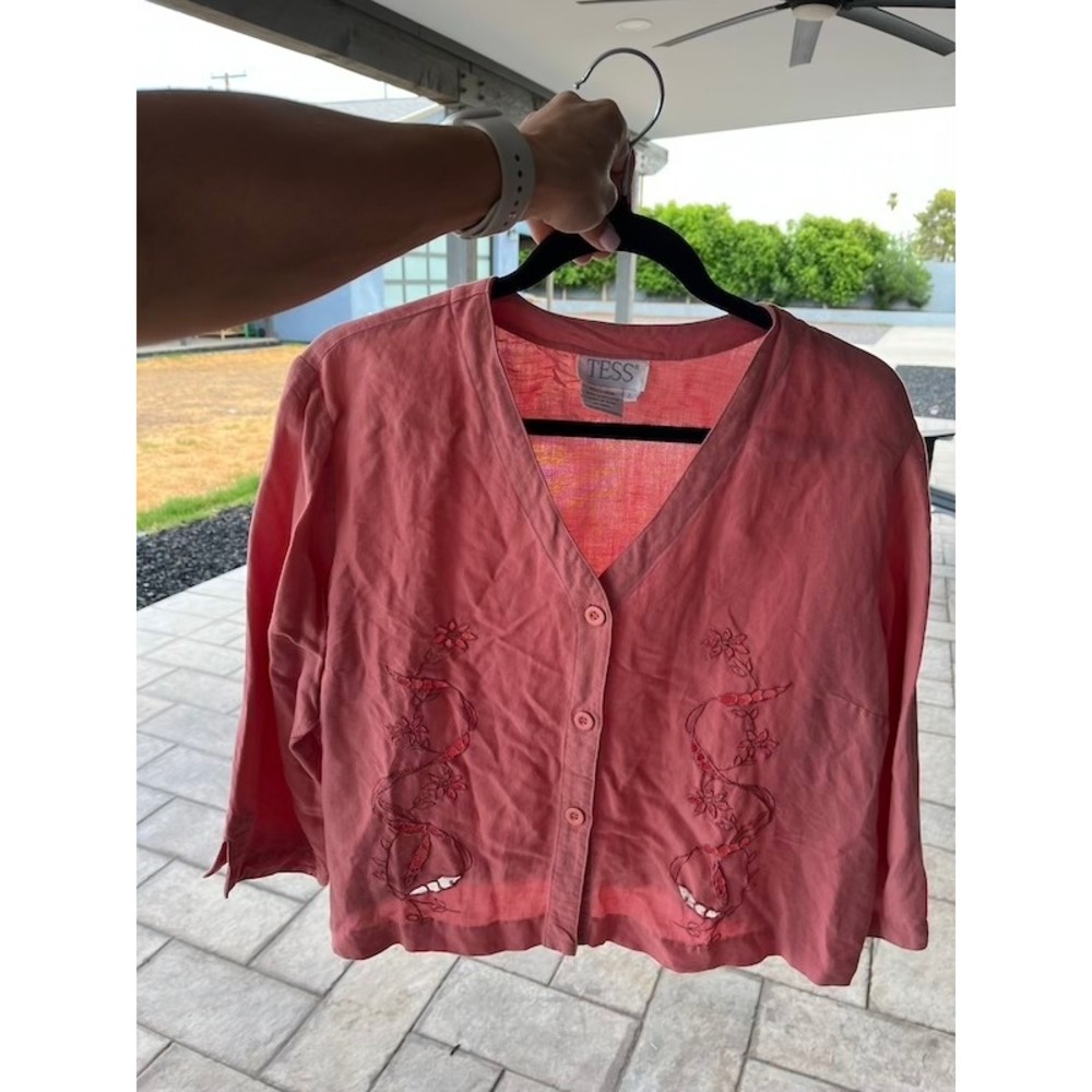 Tess Coral Pink Linen Blend Embroidered Button Front Cardigan Top Large